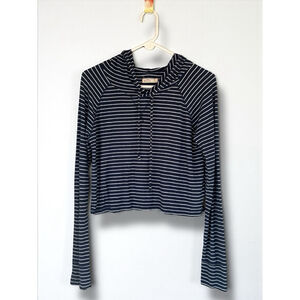 Hollister Women's Medium Navy White Striped Hooded Long Sleeve Cropped Top